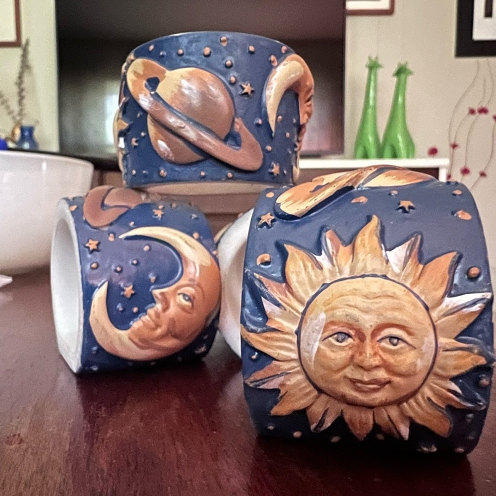 Vintage Celestial Sun Moon Stars Saturn Resin Napkin Rings Set of 4